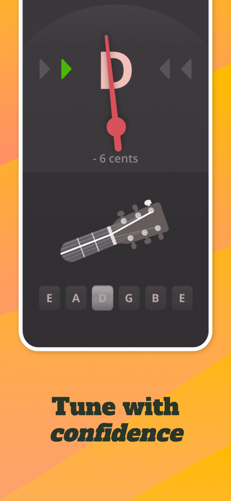Pantalla del afinador de guitarra digital en la aplicación ChordBank que muestra un clavijero de guitarra y la nota Re