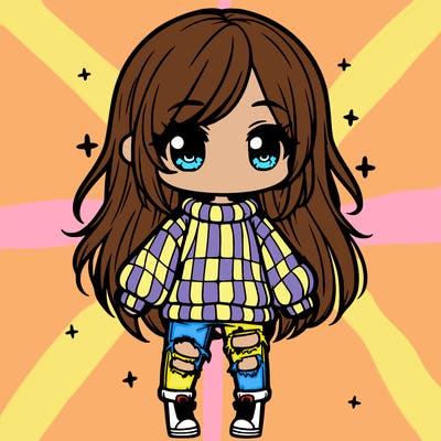 chibi girl with ripped jeans,long hair, and an oversized sweater