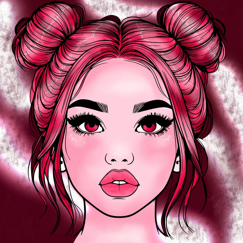 realistic girl with two buns on her hair and lips