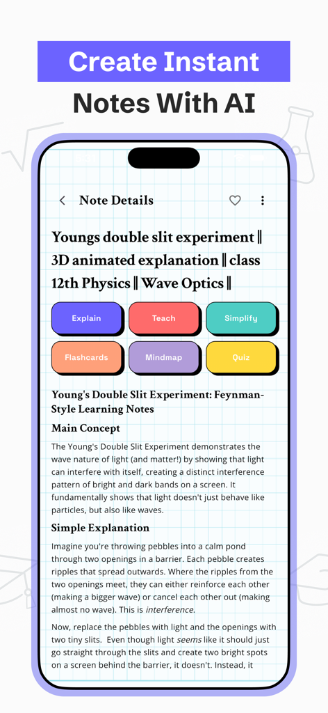 Feynman AI Notes Taker app interface displaying AI generated physics study notes and active learning tools like quizzes and flashcards