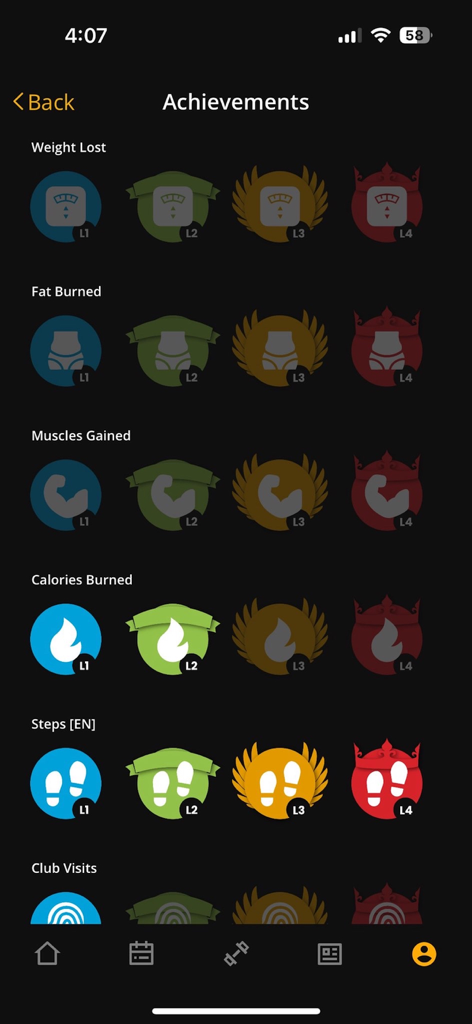 Fitness Map achievements screen showing reward badges for weight loss, fat burned, muscles gained, calories, steps, and gym visits