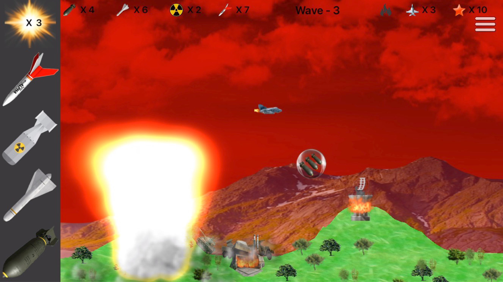 Gameplay of Nuclear Bomber Full featuring a fighter jet and a tactical nuclear explosion on a 2D battlefield
