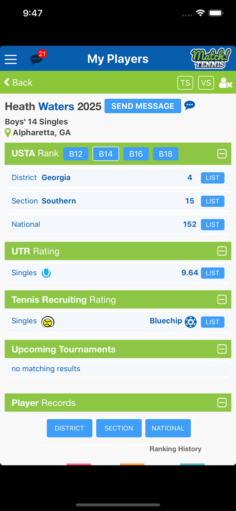 Match! Tennis App - Junior tennis player profile dashboard showing USTA and UTR rankings in the Match Tennis App.