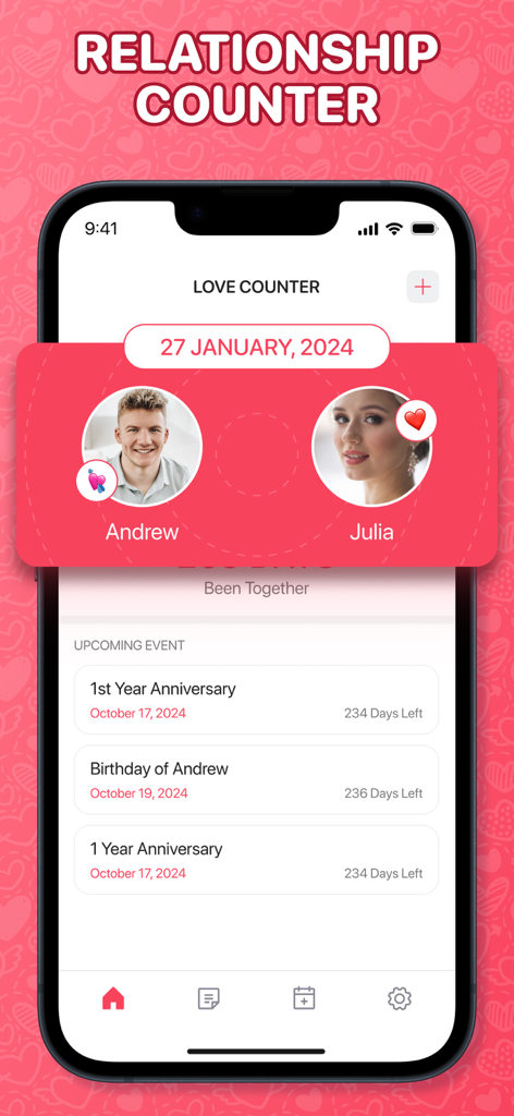 Interface of the My Love app showing a relationship counter for a couple with upcoming anniversary reminders