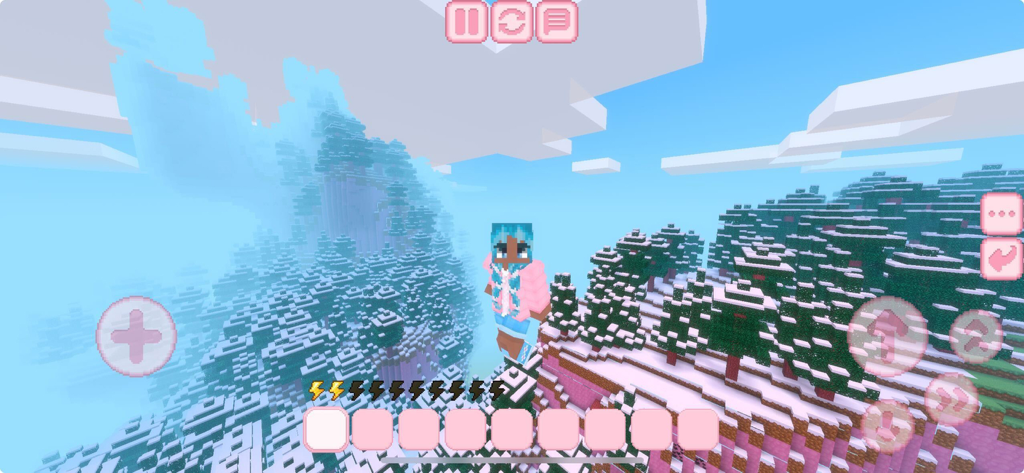 A cute character exploring a snowy mountain landscape in the Kawaii Craft block building game.