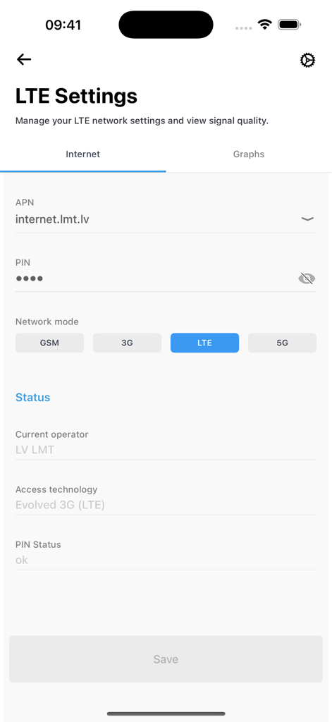 Smartphone interface of MikroTik app showing LTE network settings and connection status