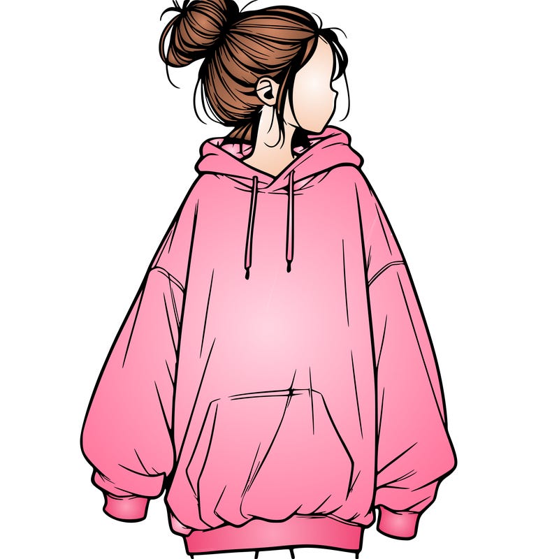 realistic girl with a oversized sweatshirt on and a bun