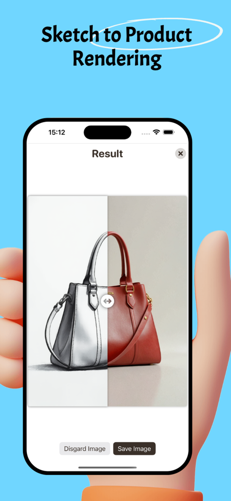 Una pantalla dividida que muestra un boceto dibujado a mano de un bolso transformado en un bolso de cuero rojo fotorrealista usando IA.