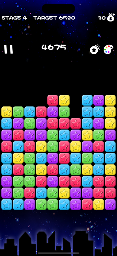 Popping Stars-classic game - Gameplay interface of Popping Stars classic game with colorful star blocks and score details