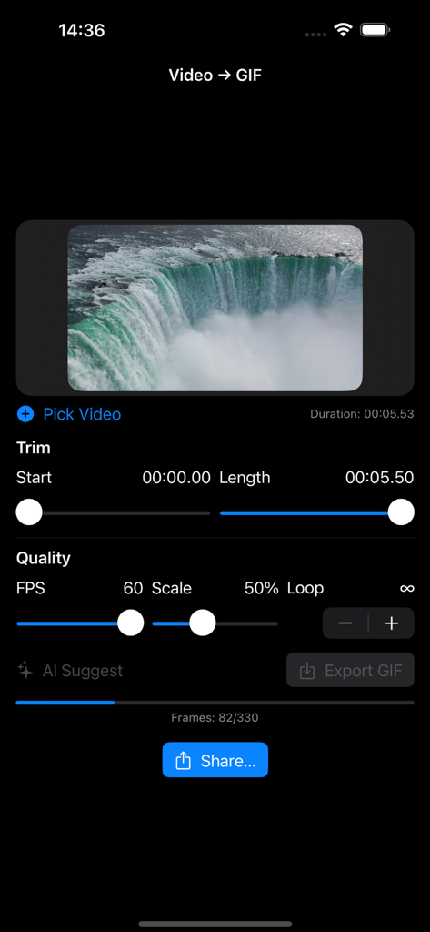 Interface do GIF Maker Pro mostrando corte de vídeo e configurações de qualidade para criar um GIF