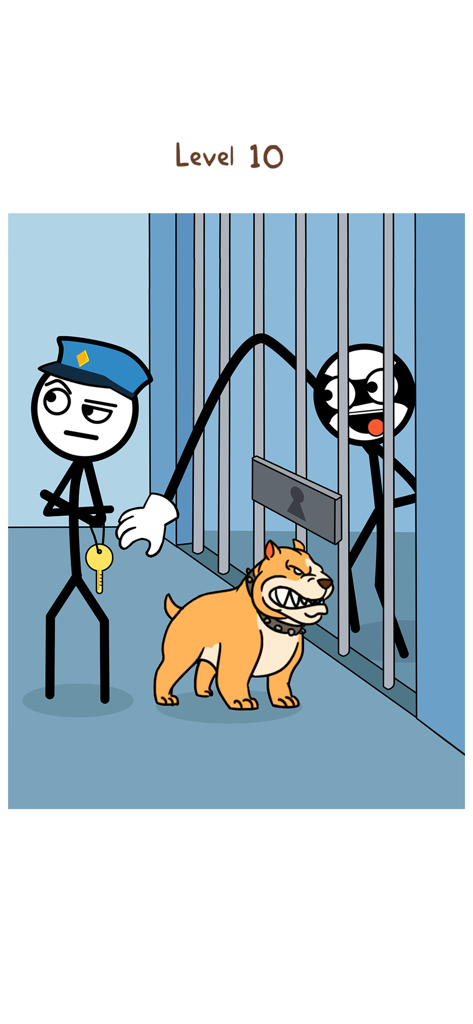 A stickman thief reaching his long arm out of a jail cell to steal a key from a guard's belt while a dog stands nearby.