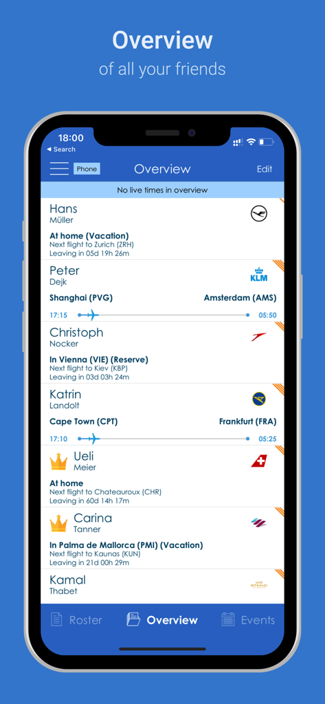 FollowMe - Share your roster - A list of friends and their current flight statuses in the FollowMe app overview screen showing locations and airline logos
