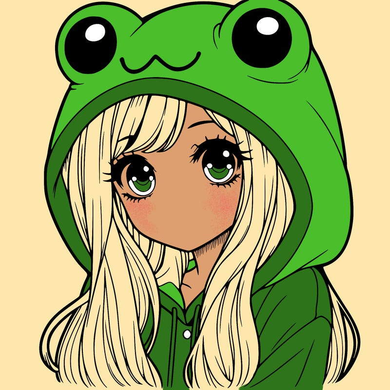 a pretty girl wearing a frog hoodie portrait with long hair