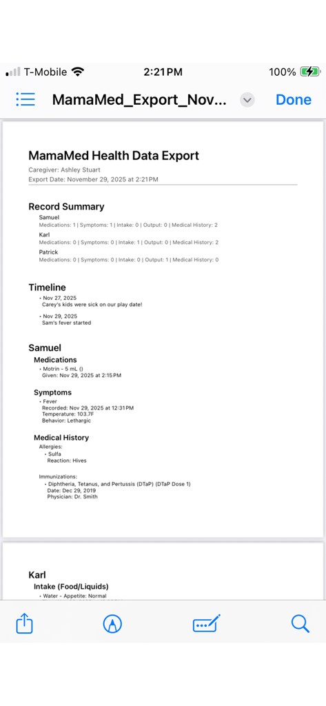 MamaMed - Digital health data export report from MamaMed app showing medical history, symptoms, and medications for multiple children.