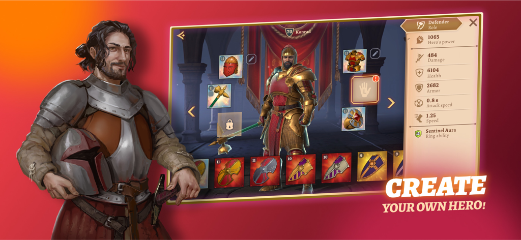 Battlesmiths: Medieval Life - Battlesmiths Medieval Lifeの英雄カスタマイズ画面、騎士キャラクターと詳細な戦闘ステータスが表示されている。