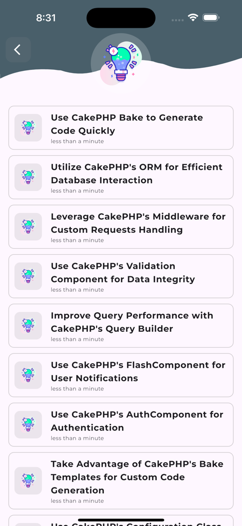 A list of CakePHP framework tips and lessons including ORM and AuthComponent inside the mobile app