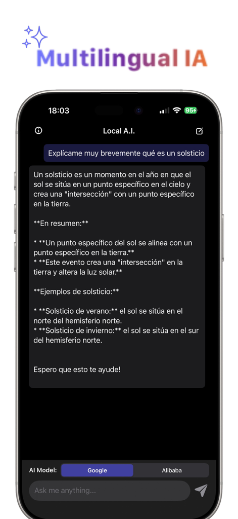 Local A.I. - Local A.I. mobile app chat interface showing a multilingual conversation in Spanish and AI model selection options