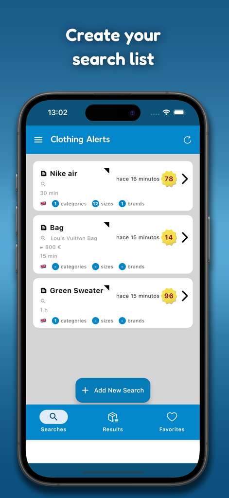 Clothing Alerts - Interface of the Clothing Alerts app showing a custom search list for fashion items like Nike sneakers and luxury bags.