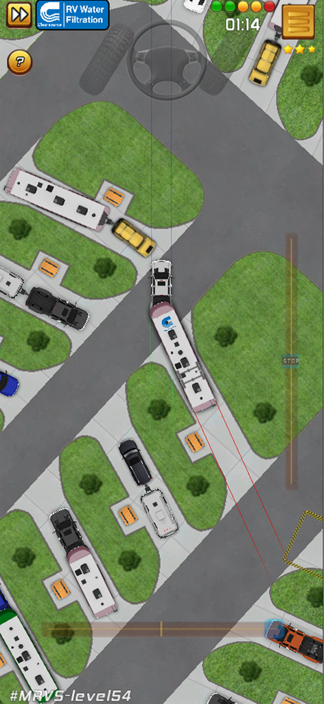 Top-down view of a truck and trailer navigating a parking maneuver in an RV park simulation.