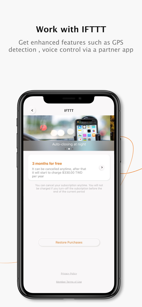 TMT Chow app screen showing IFTTT integration for smart home gate automation and subscription options.