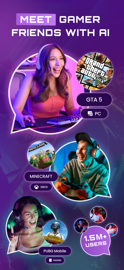 GameTree - Find Gaming Friends - GameTree app screen showing diverse gamers matched for GTA 5 Minecraft and PUBG Mobile using AI technology.