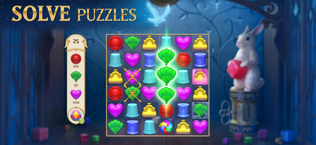 A match-3 puzzle screen in the Ravenhill mobile game featuring colorful icons and a white rabbit mascot.