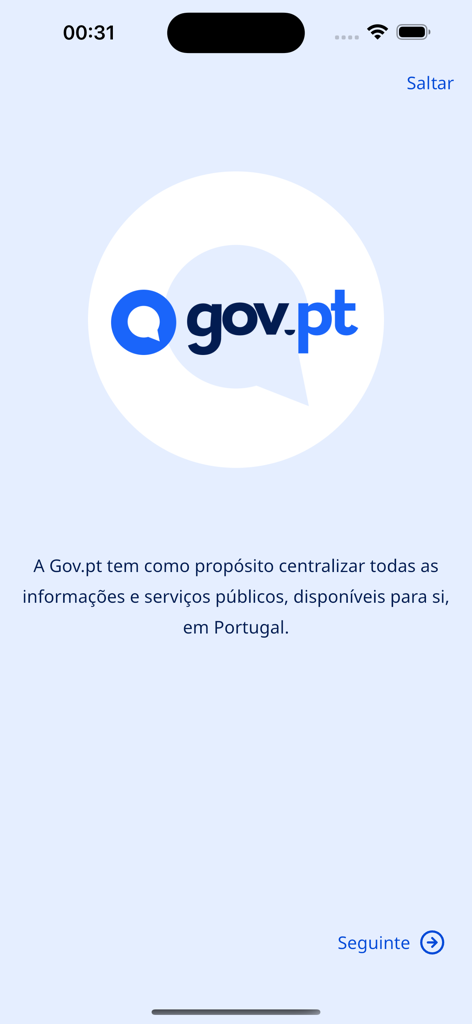 Welcome screen of the gov.pt app introducing centralized Portuguese public services.