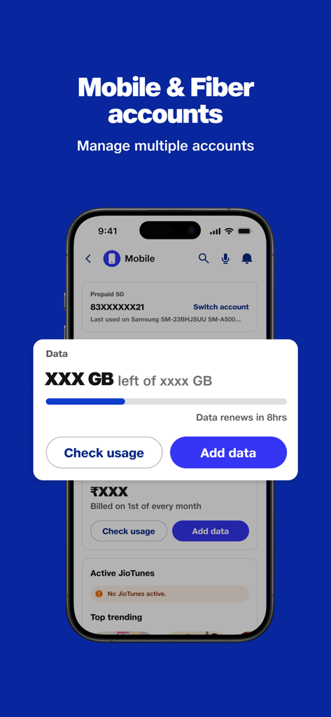 MyJio app dashboard for managing multiple mobile and fiber accounts with data usage tracking