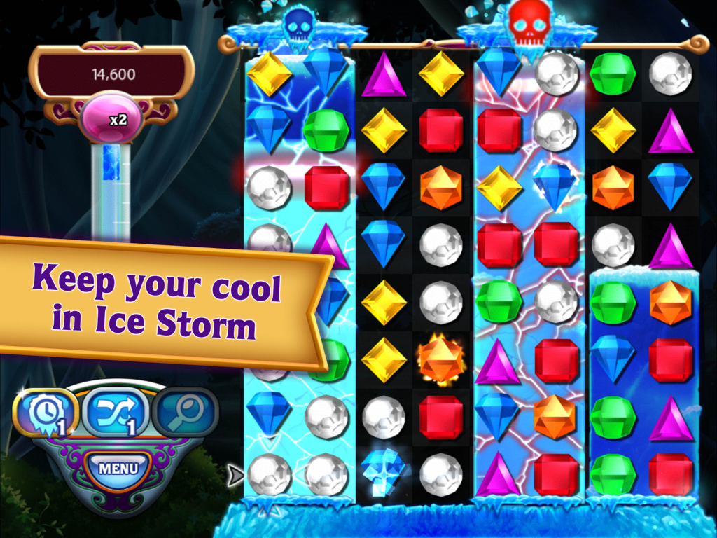 Jugabilidad de Bejeweled Classic HD mostrando el modo Ice Storm con gemas coloridas y columnas de hielo que suben
