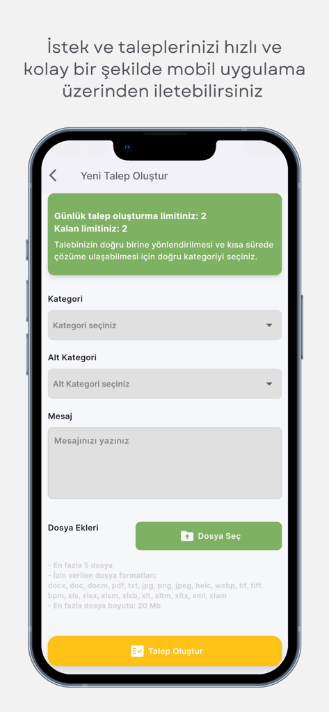 AUZEF Mobil Uygulama - A screenshot of the AUZEF mobile app showing a form to create a new student support request with category selection and message fields.