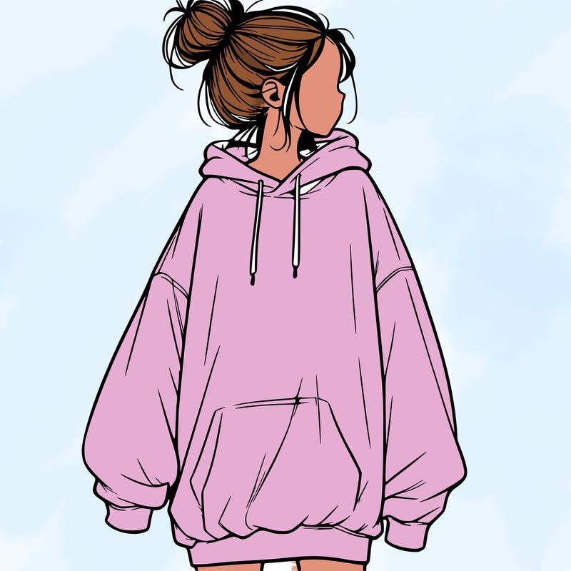 realistic girl with a oversized sweatshirt on and a bun