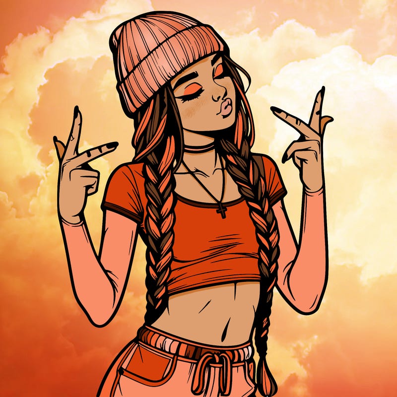 realistic teenage girl with braids and a beanie and crop top doing 🫶🏼