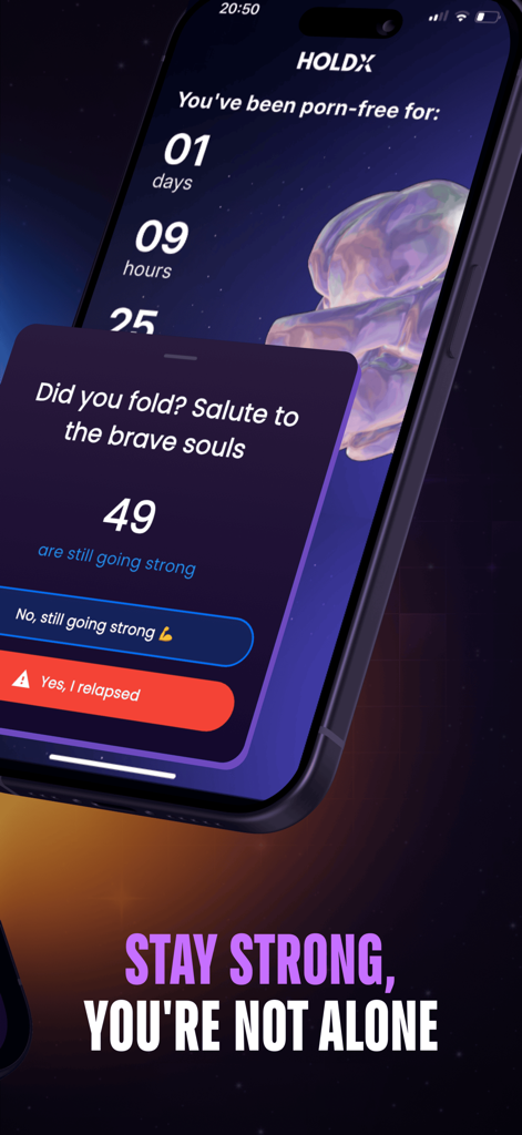 HoldX - Stop Porn Forever - HoldX app showing a porn free streak counter and community support message