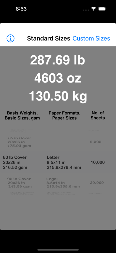Paper Weight Calculator - Interface of the Paper Weight Calculator app showing weight results in pounds and kilograms for ten thousand sheets of letter size paper