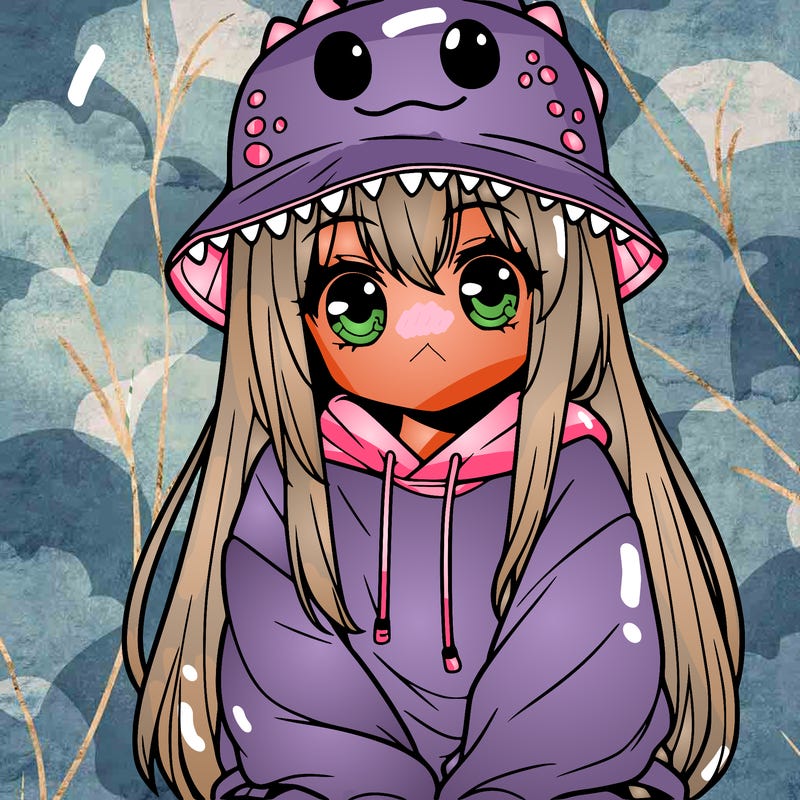 girl with anime shaped eyes with a dinosaur bucket hat oversized sweatshirt long straight hair