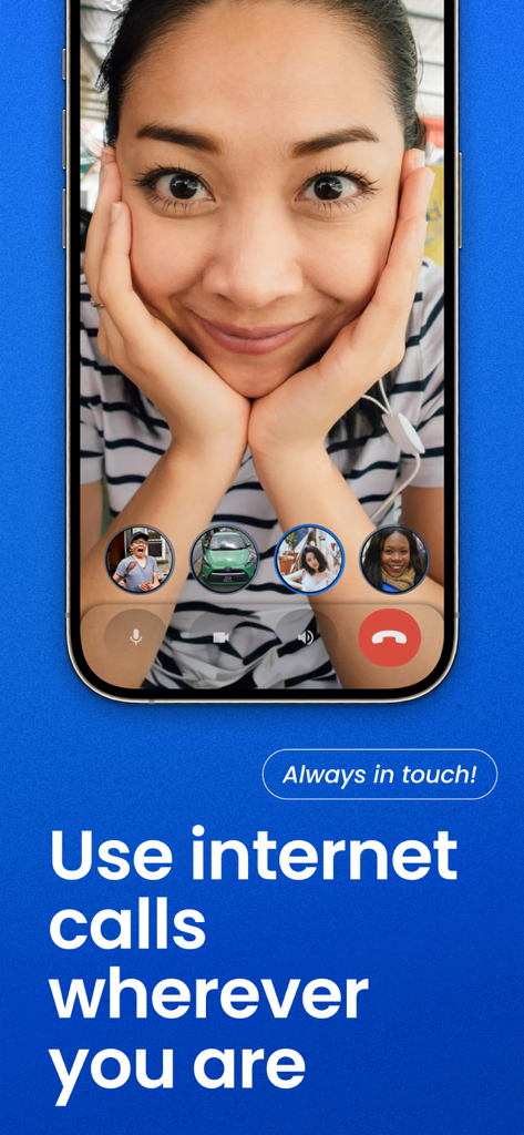 Smartphone screen displaying a video call with text promoting internet calls anywhere