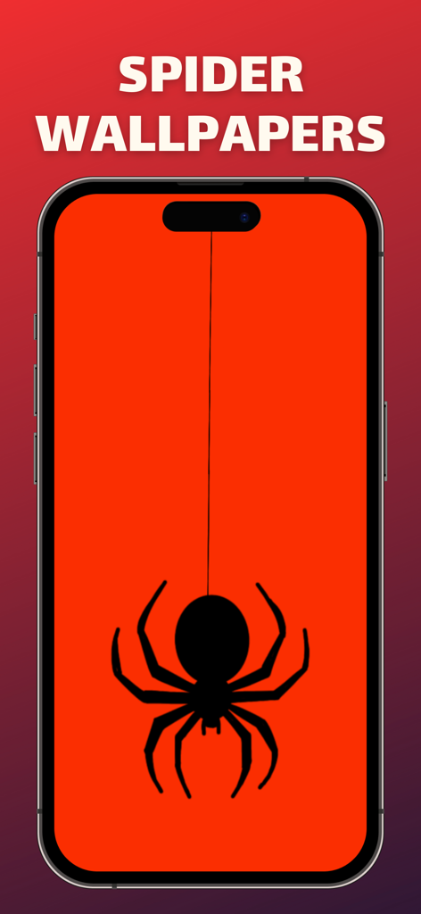 A black spider hanging from the Dynamic Island on a red iPhone wallpaper