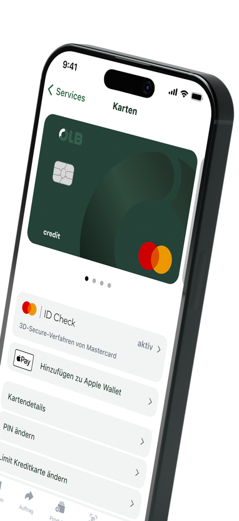 OLB mobile banking app screen showing credit card management with Mastercard security and Apple Pay options