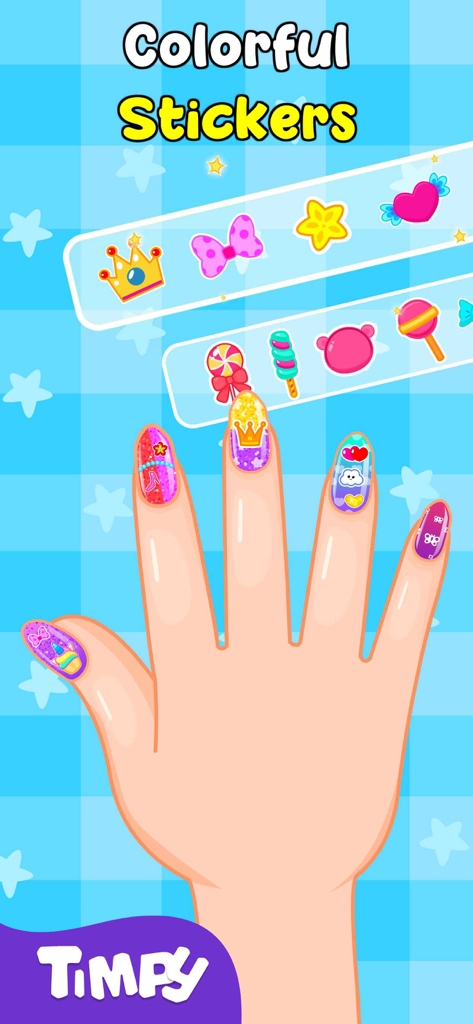 Nail Art Salon Games For Girls - Uma mão com unhas decoradas e um menu de adesivos coloridos em um jogo de arte de unhas para crianças