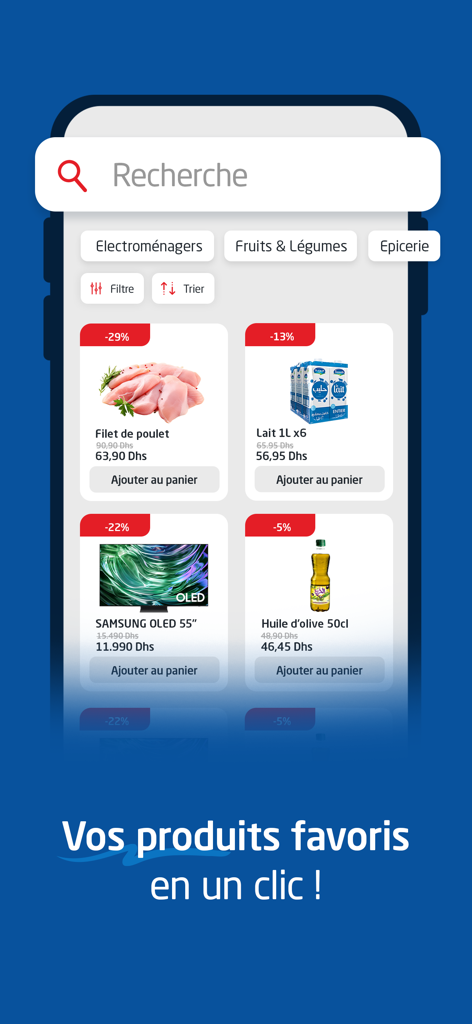 Bringo by Carrefour Maroc - Mobile app interface of Bringo by Carrefour showing a search bar and various discounted grocery and electronic products like chicken breast, milk, and a Samsung OLED TV.