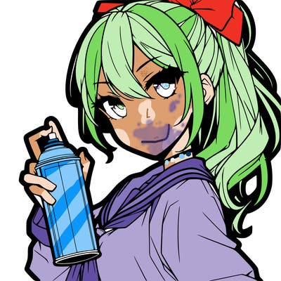 a anime girl who looks super pretty and cool holding a spray and has a ponytail