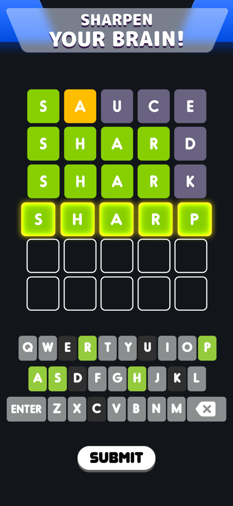 A mobile gameplay screen of the Wordle app showing the solved word SHARP under the slogan Sharpen Your Brain
