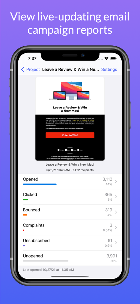 Stamps for Direct Mail - Stamps app interface showing live email campaign analytics with open and click rates on an iPhone