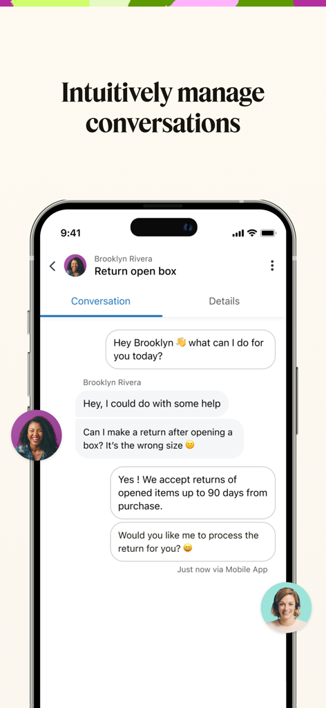 Interface do app Zendesk Support no iPhone mostrando um chat ao vivo com o cliente para uma solicitação de devolução de produto.