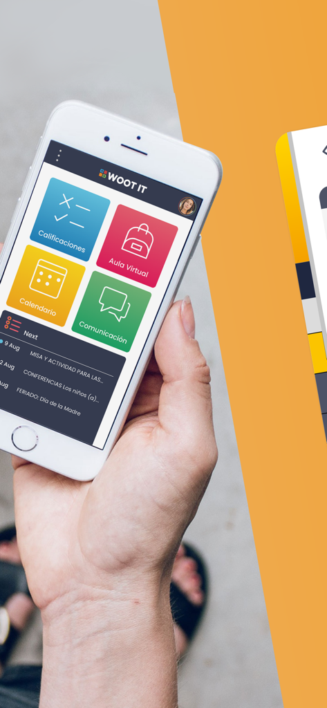 Una mano che tiene uno smartphone che mostra la schermata principale dell'app WOOT IT con icone di gestione educativa