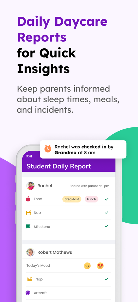 Illumine for Parents app screen displaying a student daily report with meal activity and check-in alerts.