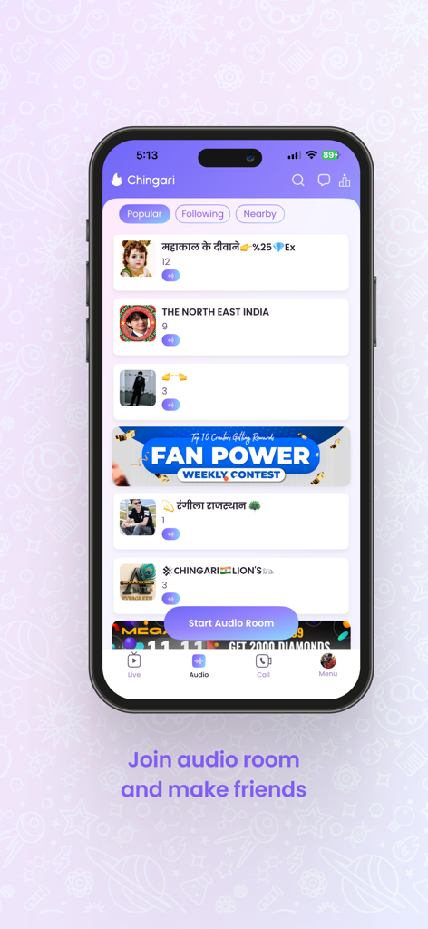 Chingari app interface displaying a list of live audio rooms with a button to start a new audio conversation.