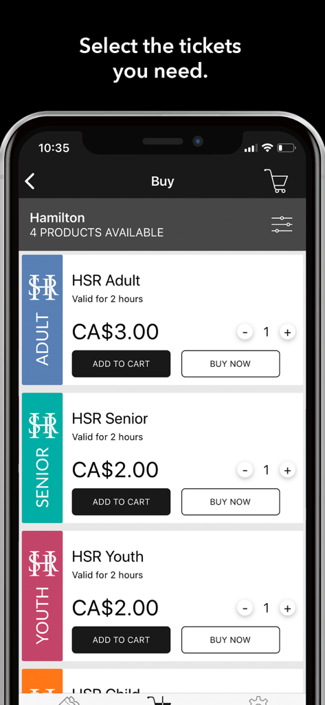 The PRESTO E-Tickets app interface showing options to buy adult, senior, and youth bus tickets for Hamilton transit.