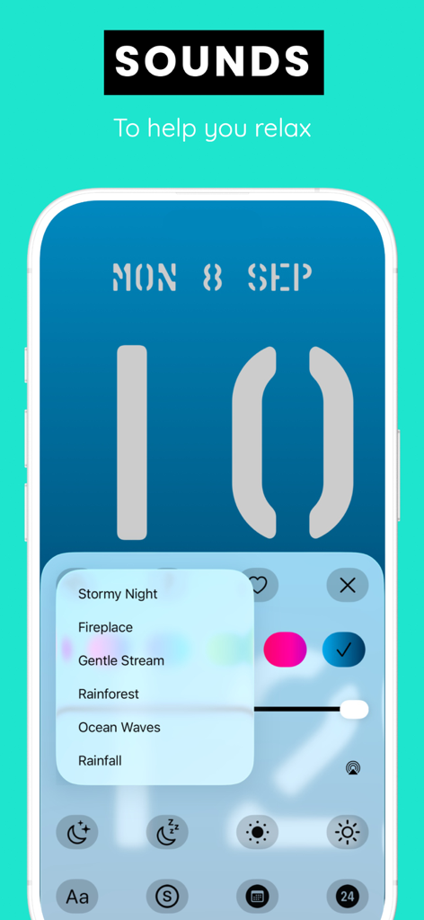 Bed Time | Large Clock - Interface of the Bed Time app showing a large digital clock display and a selection menu for relaxing sleep sounds