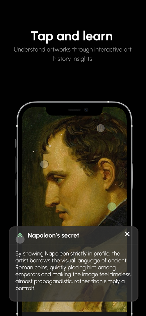 LearnArt app interface showing interactive art history insights on a portrait of Napoleon